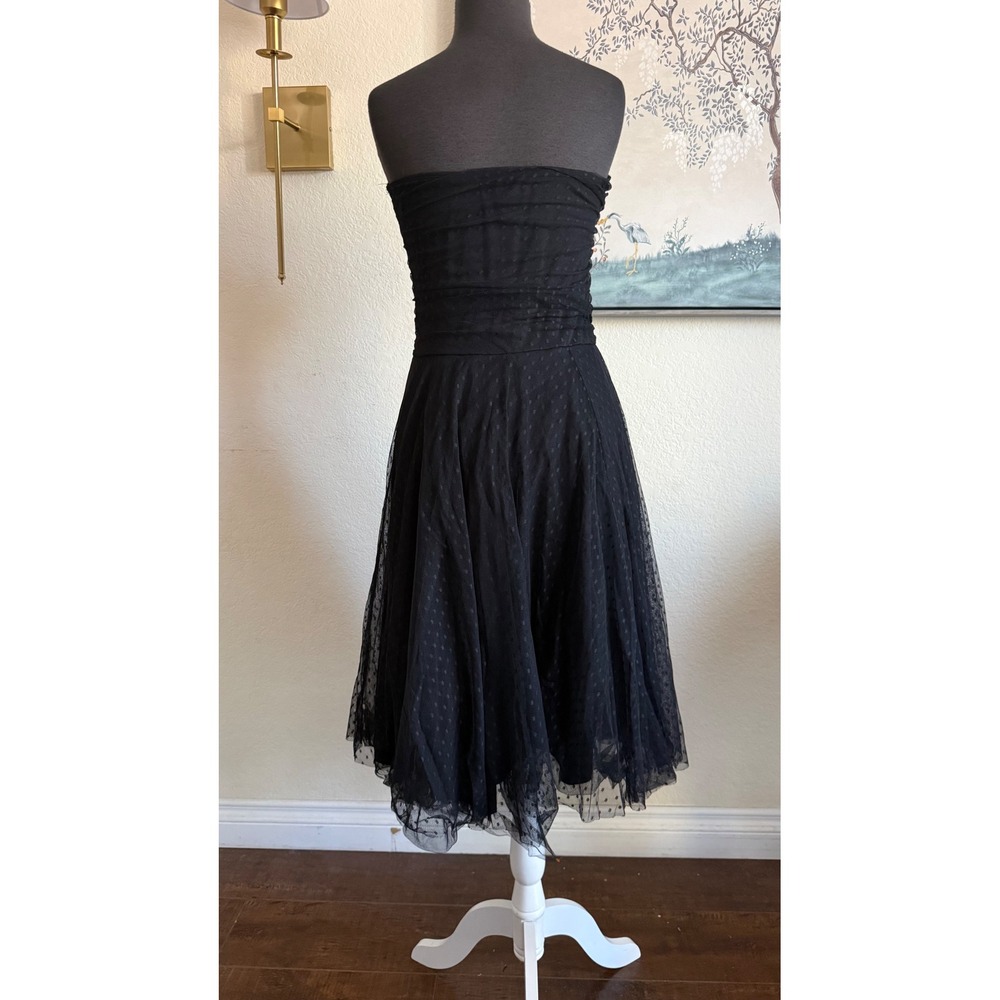 Y2K Forever 21 Black Swiss Dot Tulle Strapless Ruched Midi Dress Fit and Flare - Picture 6 of 6